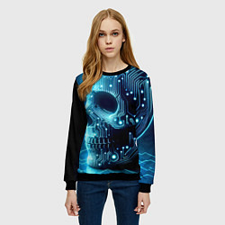 Свитшот женский Cyber neon skull - ai art с дорожками на плате, цвет: 3D-черный — фото 2
