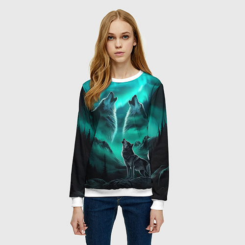 Женский свитшот Волки воют на луну и северное сияние / 3D-Белый – фото 3