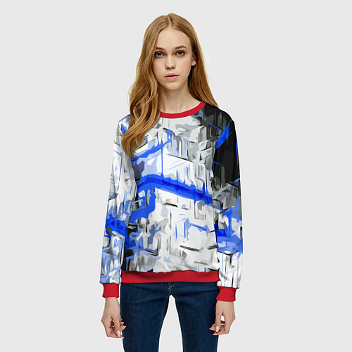 Женский свитшот Сине-белая абстракция на чёрном фоне / 3D-Красный – фото 3
