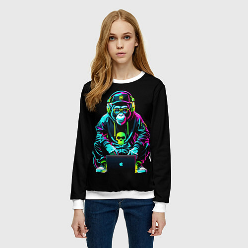 Женский свитшот Неоновая обезьяна хакер в хип хоп стиле / 3D-Белый – фото 3