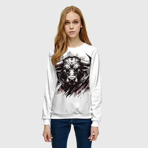 Женский свитшот Гранж - портрет быка: голова / 3D-Белый – фото 3