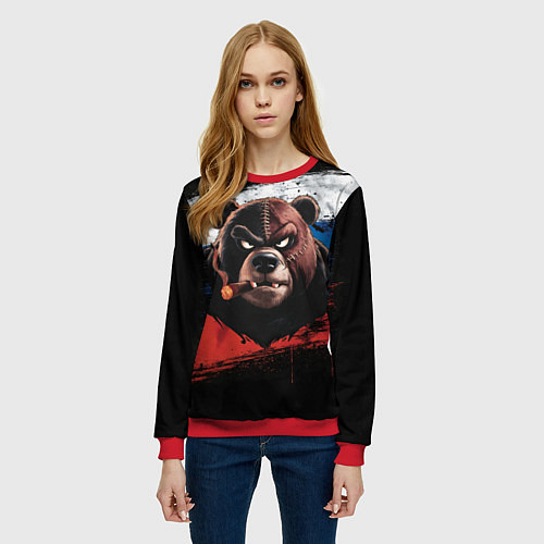Женский свитшот Медведь на фоне российского флага / 3D-Красный – фото 3