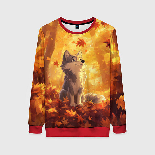 Женский свитшот Волчонок в осеннем лесу / 3D-Красный – фото 1