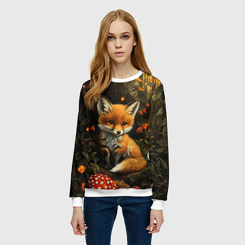 Женский свитшот Лисёнок в волшебном лесу / 3D-Белый – фото 3