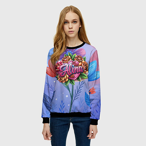 Женский свитшот Алина объемные розы / 3D-Черный – фото 3