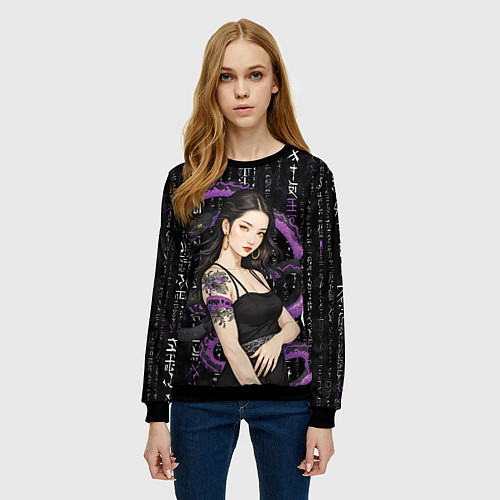 Женский свитшот Девушка с тату на руке и пурпурная змея / 3D-Черный – фото 3