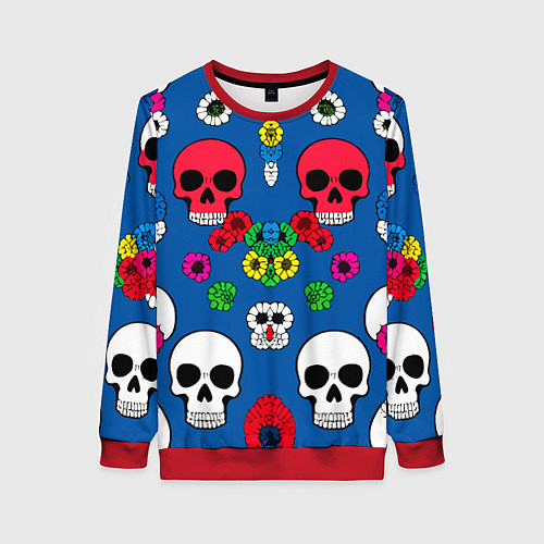 Женский свитшот Паттерн из цветных черепков муэрто - нейроарт / 3D-Красный – фото 1