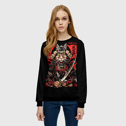 Женский свитшот Кот самурай - гравюра / 3D-Черный – фото 3