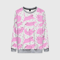 Свитшот женский Пухлые спящие розовые котики на фоне в горошек, цвет: 3D-меланж