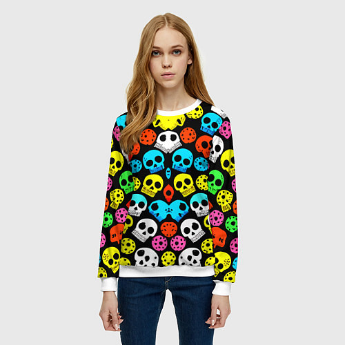Женский свитшот Прикольный цветной паттерн из черепков - нейроарт / 3D-Белый – фото 3