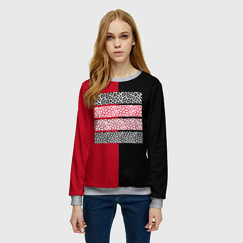 Женский свитшот Черно красная тигровая аппликация / 3D-Меланж – фото 3