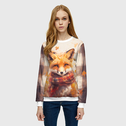 Женский свитшот Лис в клетчатом шарфе / 3D-Белый – фото 3