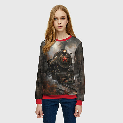 Женский свитшот Паровоз в осеннем лесу / 3D-Красный – фото 3