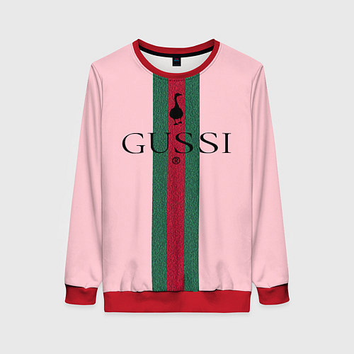 Женский свитшот Гусси - зелено-красная полоса на розовом фоне / 3D-Красный – фото 1