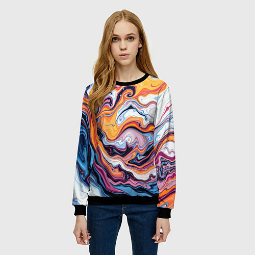 Женский свитшот Жидкие разноцветные краски / 3D-Черный – фото 3