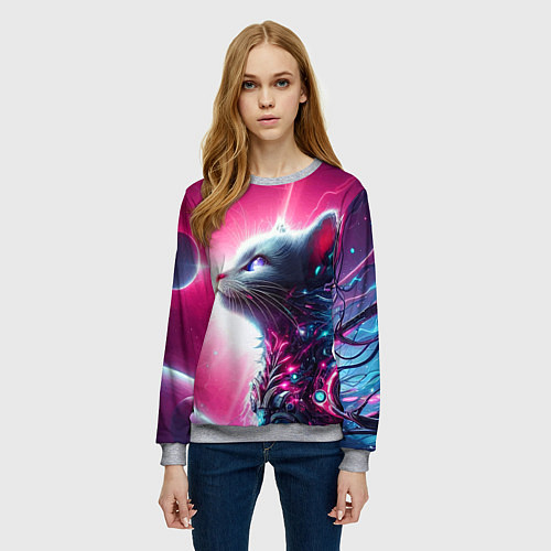 Женский свитшот Космический кибер котёнок - неоновое свечение / 3D-Меланж – фото 3