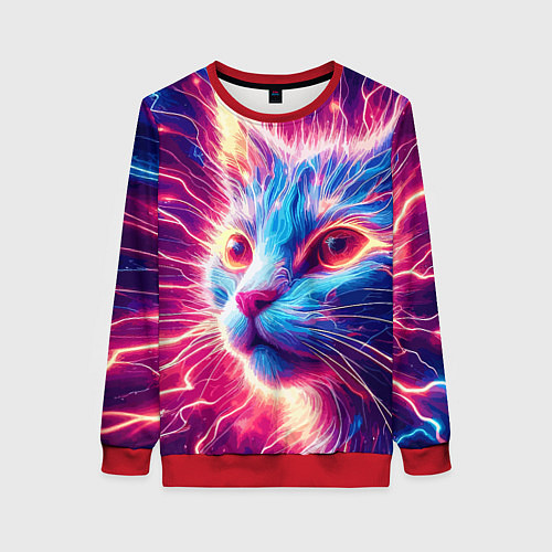 Женский свитшот Неоновая мордочка котёнка - нейроарт элетро кот / 3D-Красный – фото 1