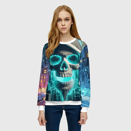 Женский свитшот Скелет в балахоне - граффити кибер-хакер / 3D-Белый – фото 3