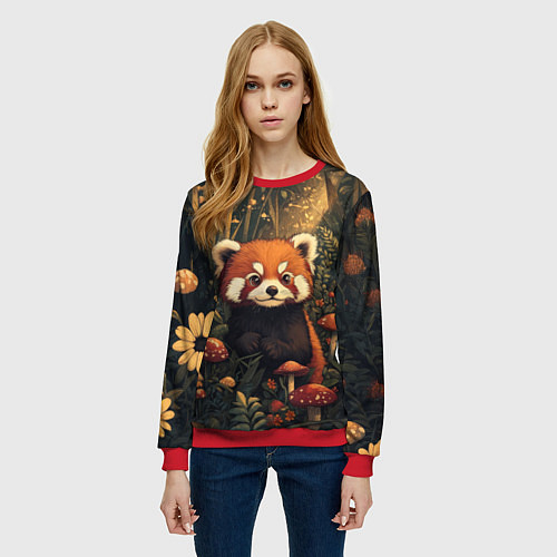 Женский свитшот Красная панда в лесной чаще - милая / 3D-Красный – фото 3