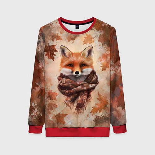 Женский свитшот Осенний лис в шарфе / 3D-Красный – фото 1