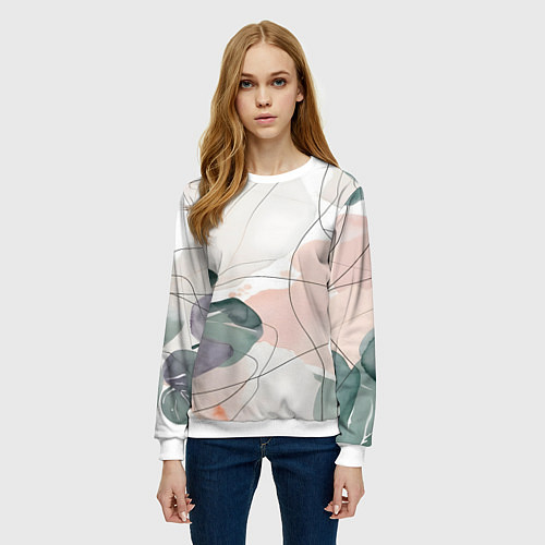 Женский свитшот Акварельные листья светлые / 3D-Белый – фото 3