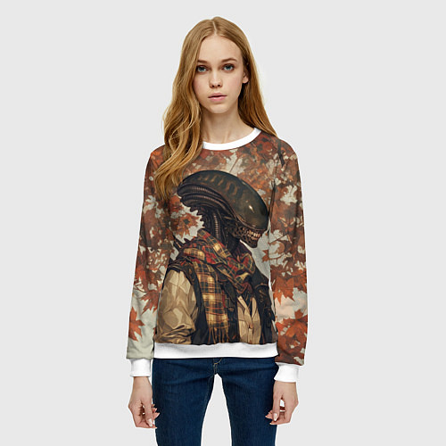Женский свитшот Ксеноморф в клетчатом шарфе / 3D-Белый – фото 3