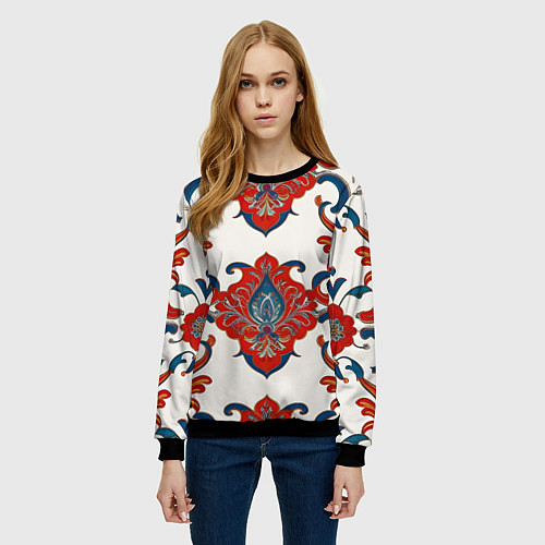 Женский свитшот Узор красно-синий на белом фоне / 3D-Черный – фото 3
