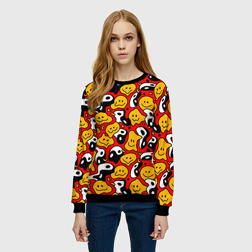 Женский свитшот Смайлики разноцветный паттерн / 3D-Черный – фото 3