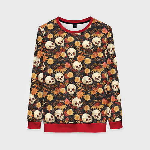 Женский свитшот Черепа и цветы - паттерн / 3D-Красный – фото 1