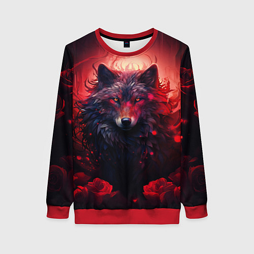 Женский свитшот Волчица и розы / 3D-Красный – фото 1