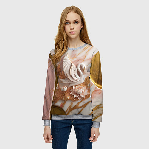 Женский свитшот Фарфоровый лебедь и лотос на розовом мраморе / 3D-Меланж – фото 3
