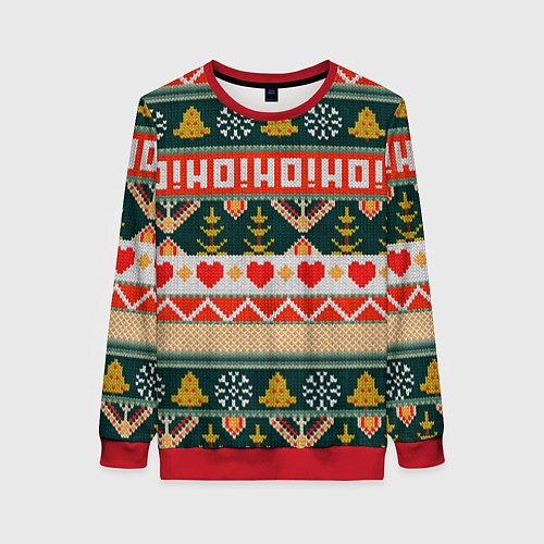 Женский свитшот Новогодняя вязанная текстура ho-ho / 3D-Красный – фото 1