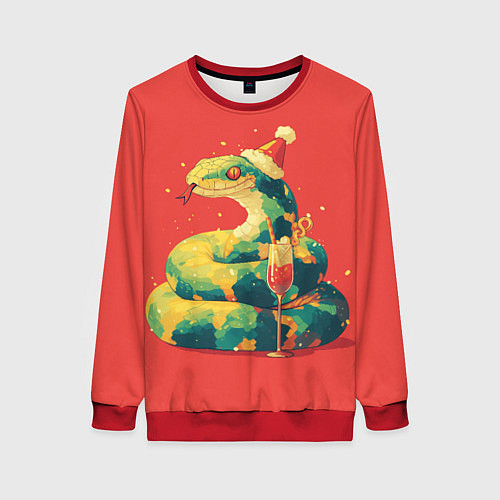 Женский свитшот Новогодняя змея с бокалом шампанского / 3D-Красный – фото 1