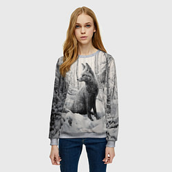 Свитшот женский Серый лис в зимнем лесу, цвет: 3D-меланж — фото 2