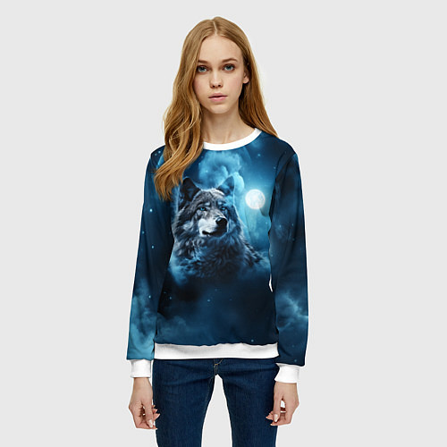 Женский свитшот Волк ночное синее небо / 3D-Белый – фото 3