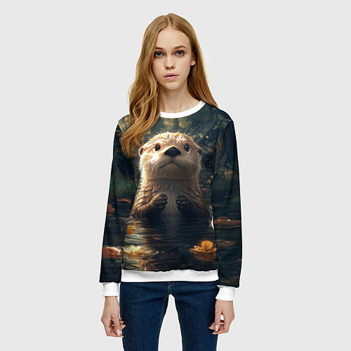 Женский свитшот Выдра в летнем пруду / 3D-Белый – фото 3