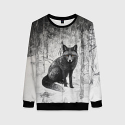Свитшот женский Серый лис в снежном лесу, цвет: 3D-черный