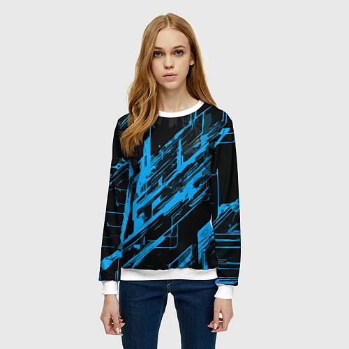 Женский свитшот Blue stripes on a black background / 3D-Белый – фото 3