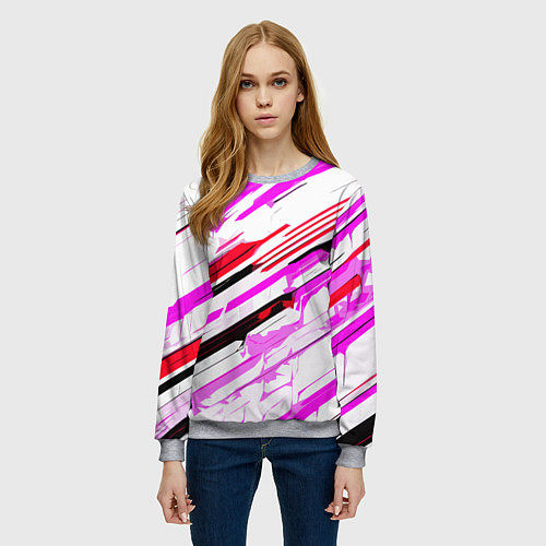 Женский свитшот Красно-розово-чёрные полосы на белом фоне / 3D-Меланж – фото 3