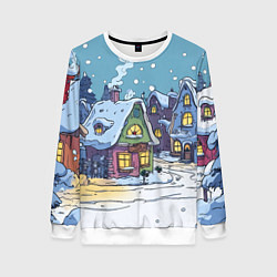 Свитшот женский Зимние домики иллюстрация, цвет: 3D-белый