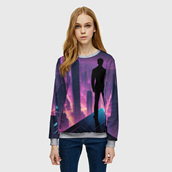 Свитшот женский Человек смотрящий на ночной мегаполис, цвет: 3D-меланж — фото 2