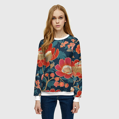 Женский свитшот Искусство алые цветы / 3D-Белый – фото 3