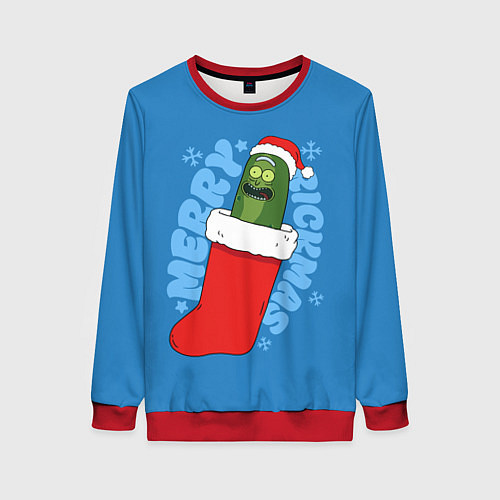 Женский свитшот Новогодний Рик огурчик - Merry Rickmas / 3D-Красный – фото 1