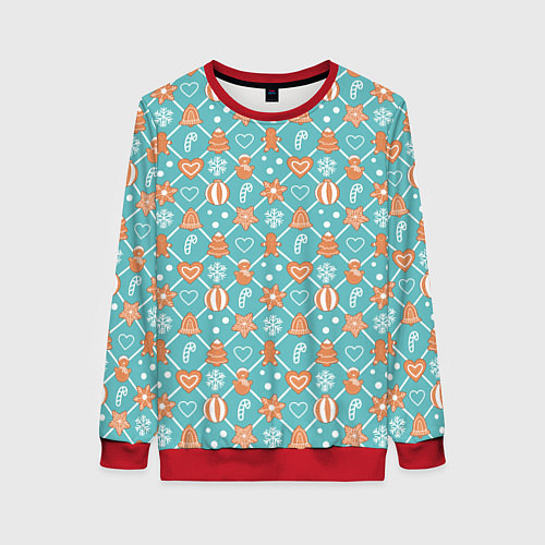 Женский свитшот Новогодний фон с печеньем / 3D-Красный – фото 1