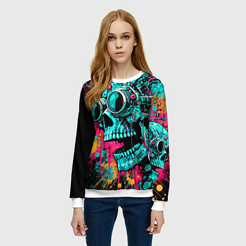 Женский свитшот Cyber skull sketch - color blots / 3D-Белый – фото 3