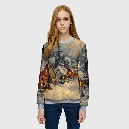 Женский свитшот Новогодние зимние домики / 3D-Меланж – фото 3