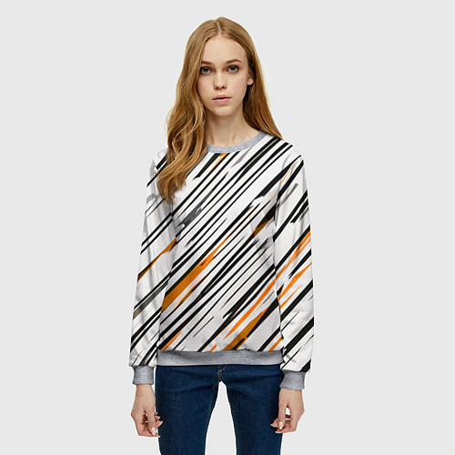 Женский свитшот Диагональные чёрно-жёлтые полосы на белом фоне / 3D-Меланж – фото 3