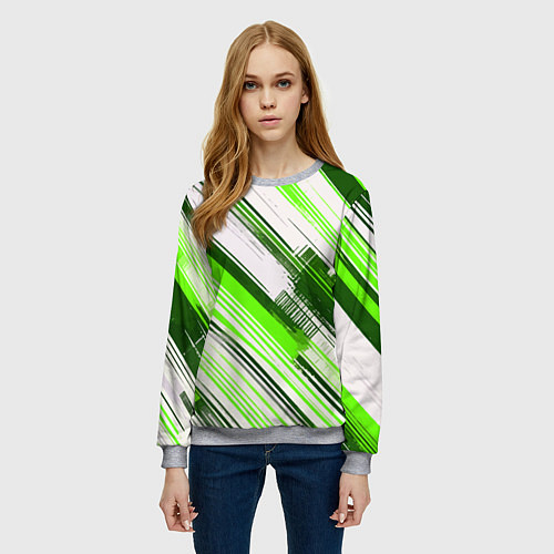 Женский свитшот Зелёные диагональные полосы на белом фоне / 3D-Меланж – фото 3