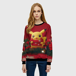 Свитшот женский Пикачу новогодний в красном шарфе, цвет: 3D-черный — фото 2