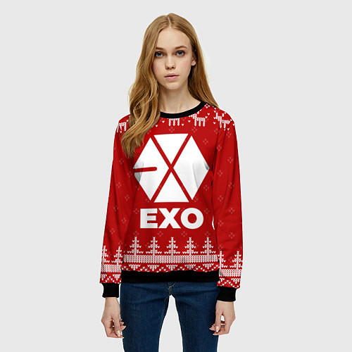 Женский свитшот Новогодний Exo с оленями / 3D-Черный – фото 3